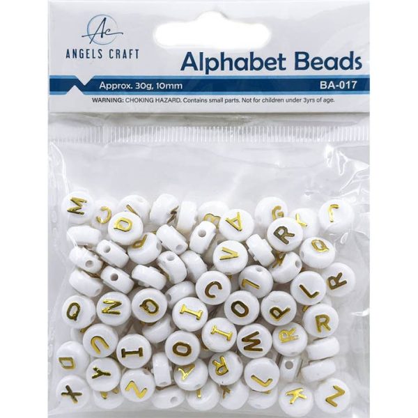 Angels Craft Alphabet Beads Round White with Gold Letters